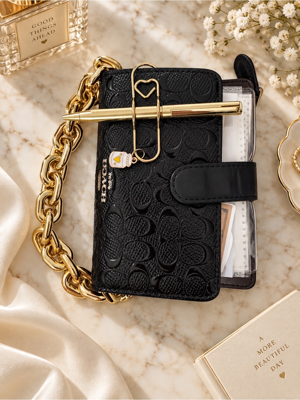 Coach Black Signature Embossed Leather Card Case Wristlet with Gold Chain